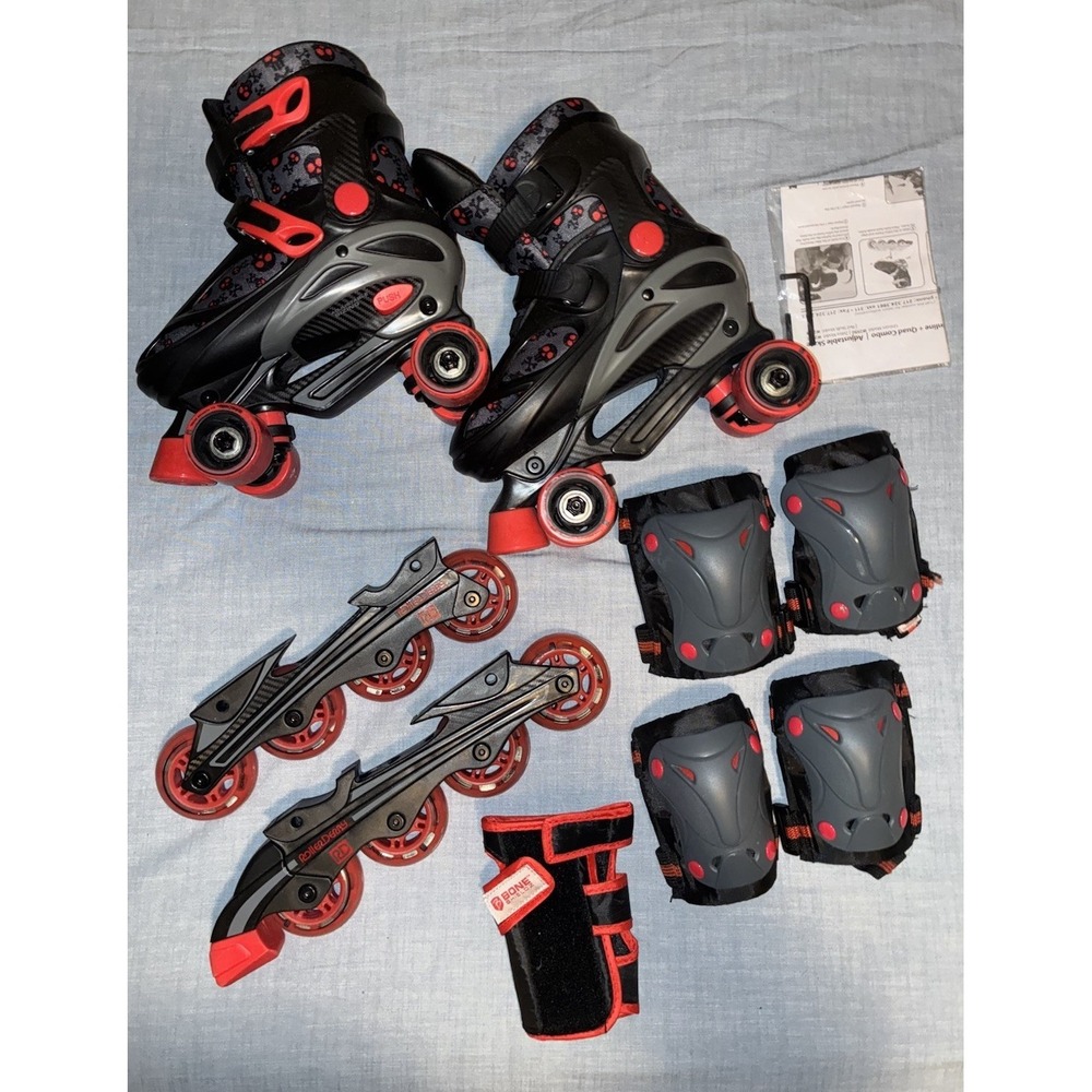 Roller Derby Skates Boys 3-6 Black Red Adjustable Inline Quad Guards Combo